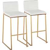 Mason Mara 30" Bar Stool in Gold, Walnut Wood & White Leatherette (Set of 2)